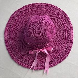 The Sak Floppy Crocheted Hat Bright Magenta Pink Ribbon Retro Vintage Bo…